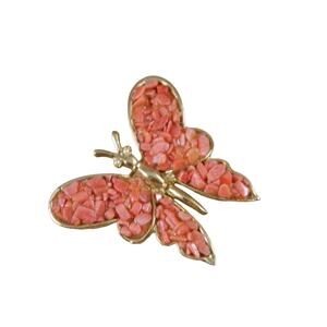 Vintage Gold Pink Butterfly Brooch, Coral Butterfly Pin, Goldtone Insect Brooch